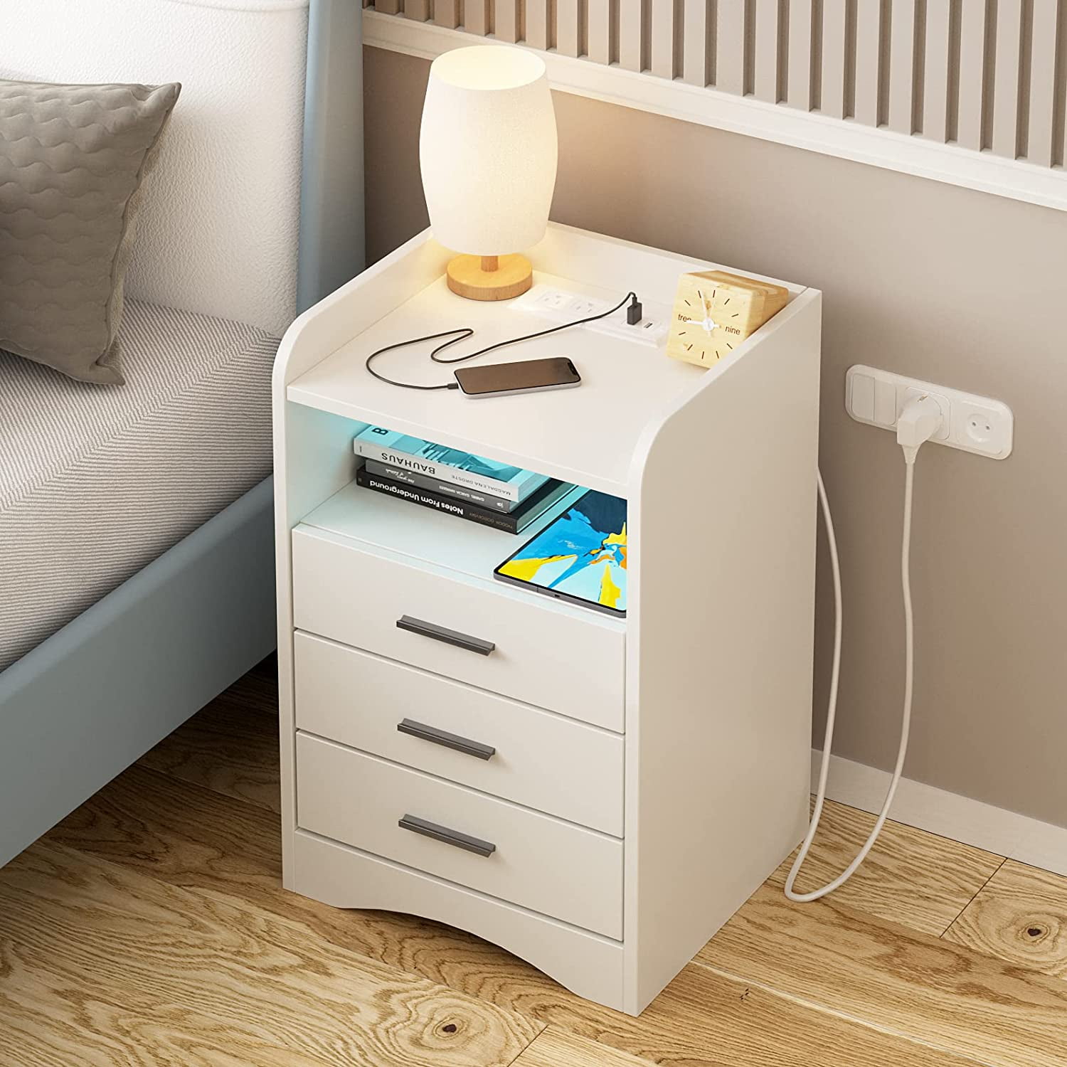 Nightstand with Charging Station & LED Lights, White Nightstand with 3
