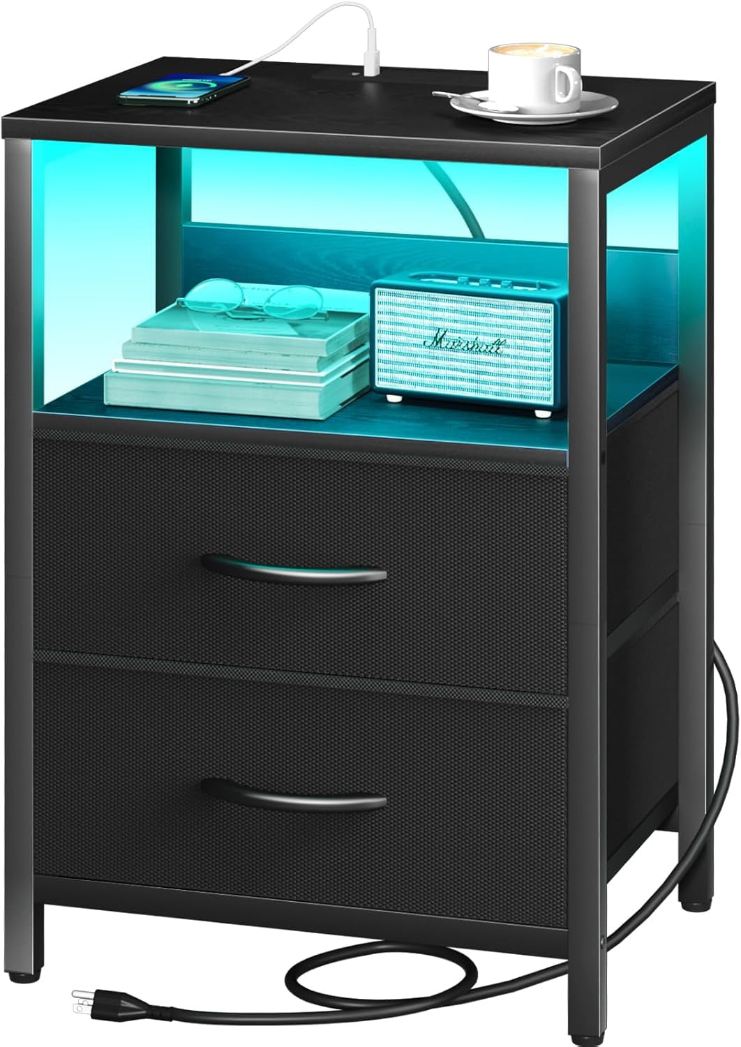 Nightstand with Charging Station, LED Night Stand with Fabric Drawers ...