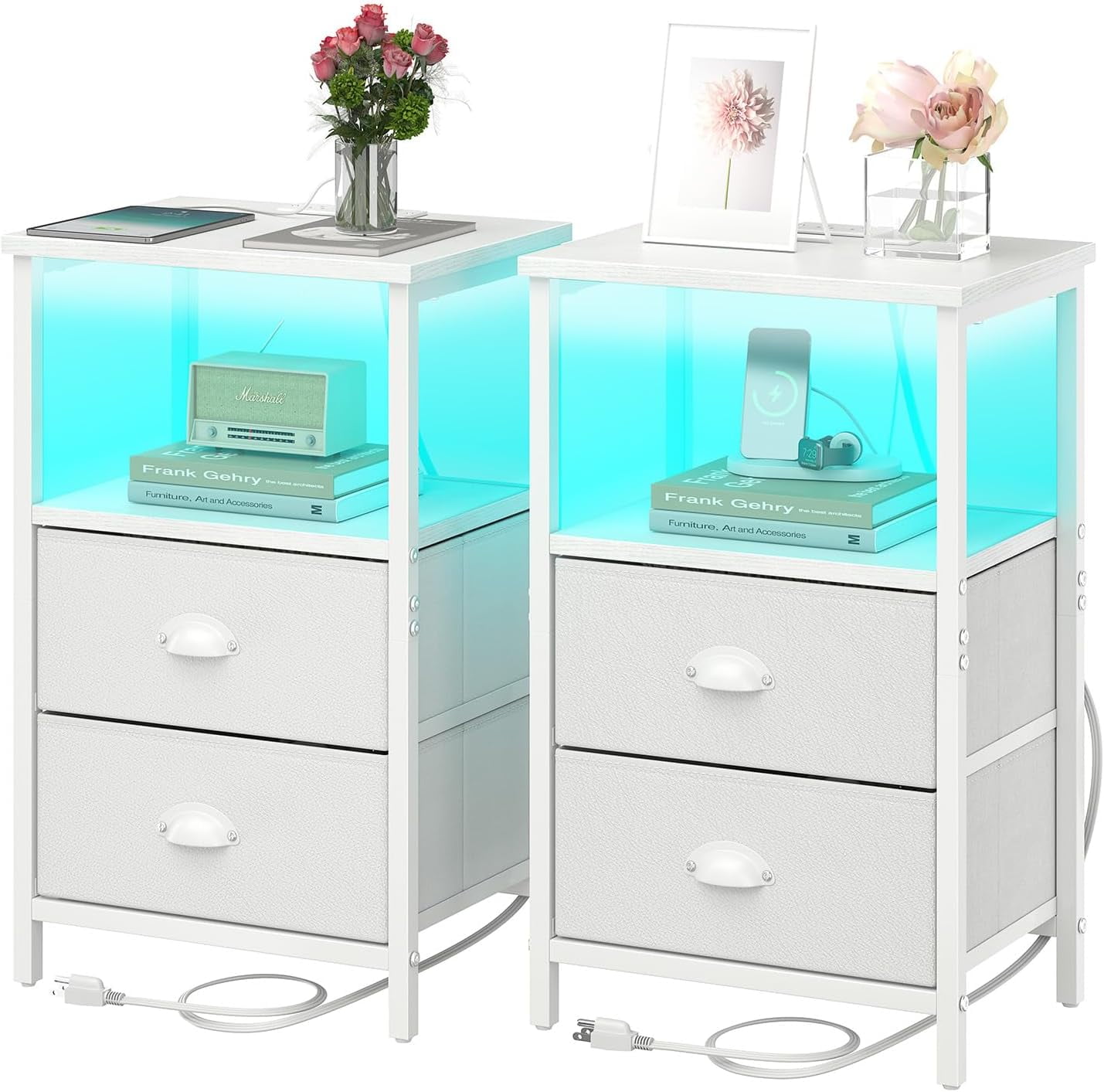 Nightstand with Charging Station, LED Night Stand Set 2, Bedside Table ...