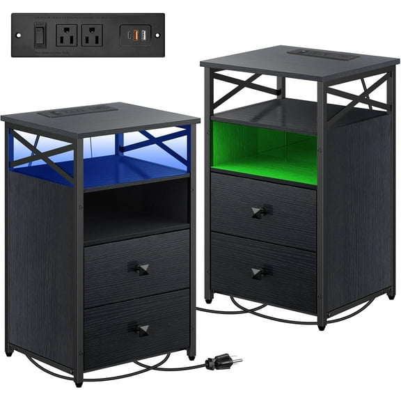 Nightstand with Charging Station, LED Night Stand Set 2 with Wood Drawers, Farmhouse End Table with Storage, Living Room Side Tables Set of 2, Bed Side Tables with Drawer for Bedroom, Black