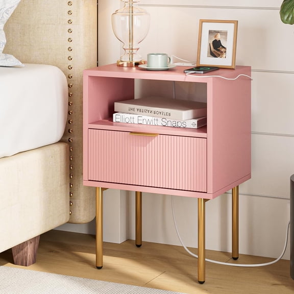Nightstand with Charging Station,Mid-Century Modern Bedside Table with Storage Drawer and Open Wood Shelf,Small Gold Frame Side Table for Bedroom,Living Room
