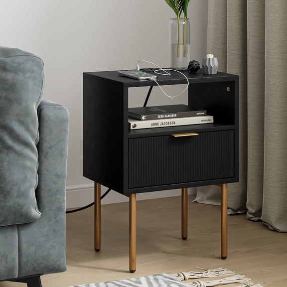 Nightstand with Charging Station,Mid-Century Modern Bedside Table with Storage Drawer and Open Wood Shelf,Small Gold Frame Side Table for Bedroom,Living Room