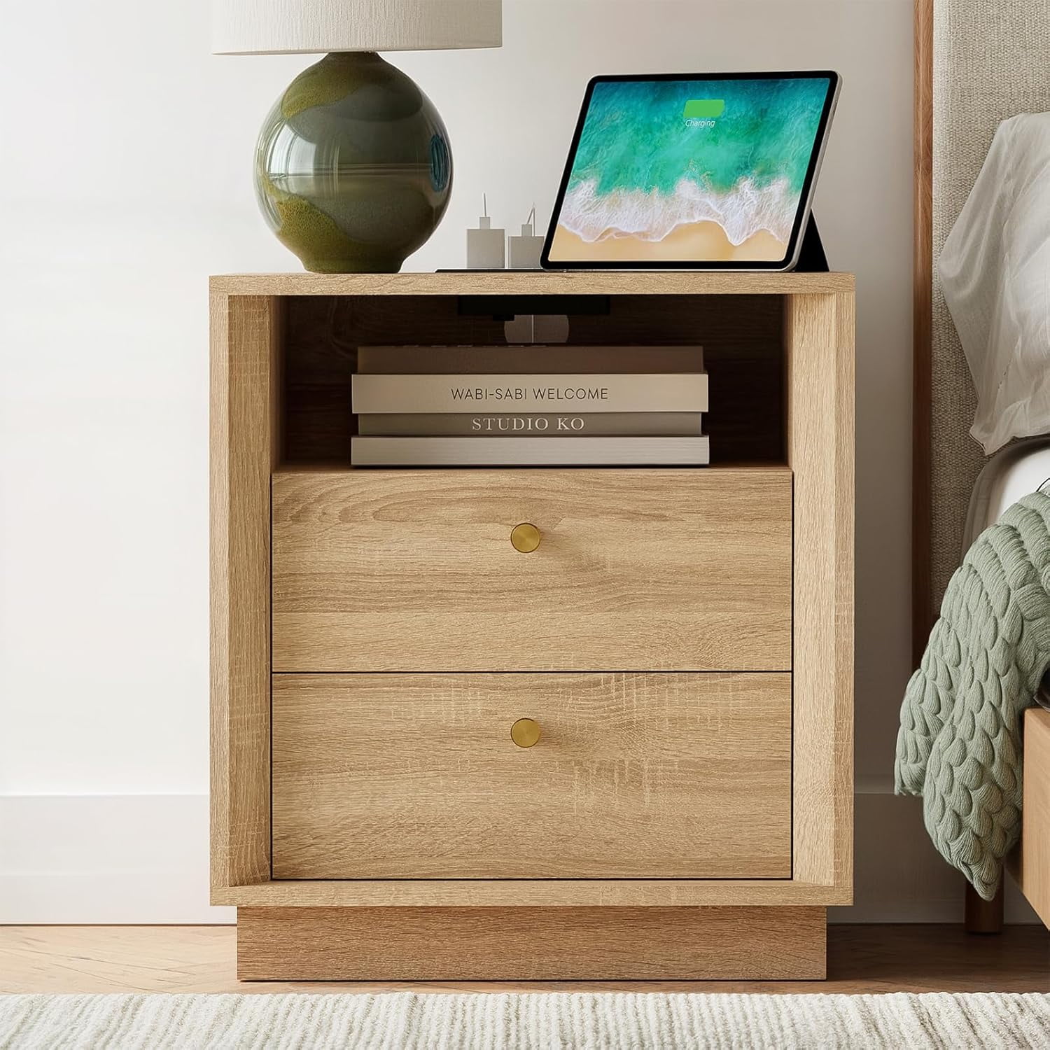 Nightstand with Charging Station, Mid Century Modern Nightstand with ...