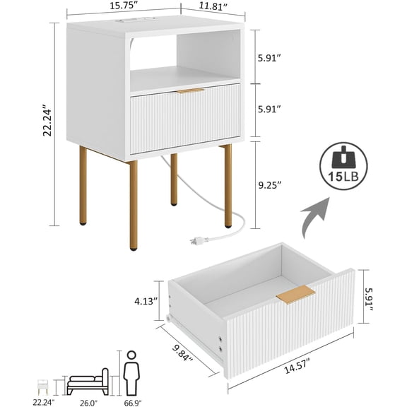 Nightstand with Charging Station,Mid- Modern Bedside Table with Storage Drawer and Open Wood Shelf,Small Gold Frame Side Table for Bedroom,Living Room (White)