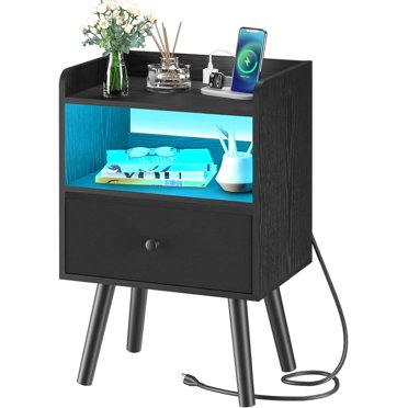 LED Nightstand With Charging Station – 3 Drawer Bedside Table, Black
