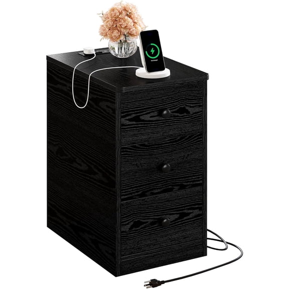 Nightstand with Charging Station, Narrow Bedside Table with 3 Drawers, End Table with USB Ports and Outlets, Side Table for Living Room/Bedroom Modern