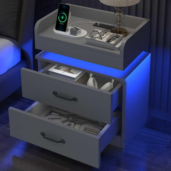 Nightstand with Charging Station, Night Stand with LED Lights, Modern Led End Table Nightstand for Bedroom, Night Stand with 2 Drawers, Bed Side Table with Storage for Living Room (1, Grey)