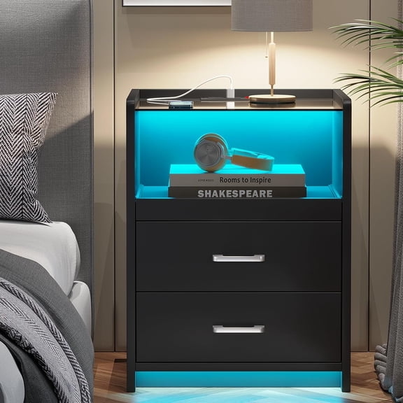 Nightstand with Charging Station, Night Stand with Pull-Out Tray, 2 Drawers, Bedside Table with LED Lights, Modern End Table with USB Ports Outlets, Black