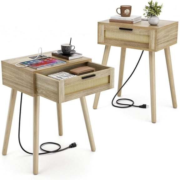 Nightstand with Charging Station Rattan Drawer, Set of 2 Mid Century Modern Side Tables, End Beside Table with Pine Wood Legs Storage for Bedroom Living Room