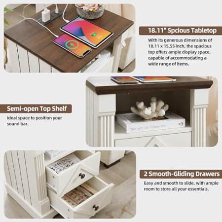 Nightstand with Charging Station, Rustic 18 Inch Farmhouse End Table with Barn Door, Wood Sofa Side Table with 2 Storage Drawers for Living Room, Bedroom, Entryway(Antique White)