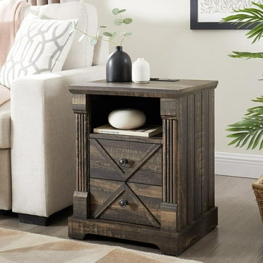 Nightstand with Charging Station, Rustic 18 Inch Farmhouse End Table with Barn Door, Wood Sofa Side Table with 2 Storage Drawers for Living Room, Bedroom, Entryway(Dark Rustic Oak)