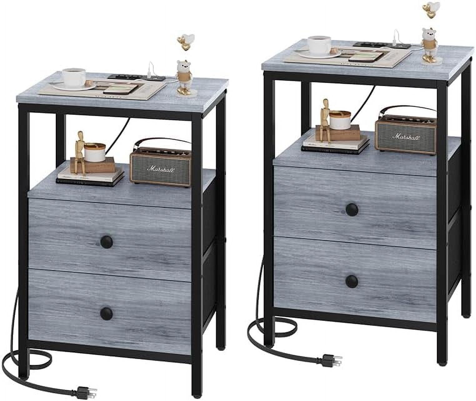 Nightstand with Charging Station, Set of 2 Side Tables with 2 Drawers