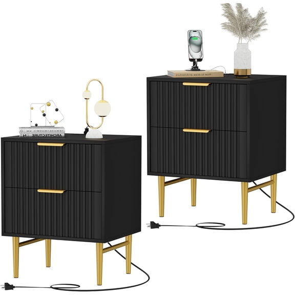 Nightstand with Charging Station, Side Table with 2 Drawers, Fluted End Table with Gold Metal Legs & Handle, Bedside Table with Wide Tabletop, Night Stand with Fluted Panel for Bedroom (2, Black)