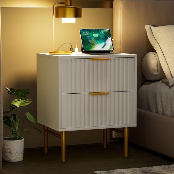 Nightstand with Charging Station, Side Table with 2 Drawers, Fluted End Table with Gold Metal Legs & Handle, Night Stand with Fluted Panel for Bedroom (1, White)