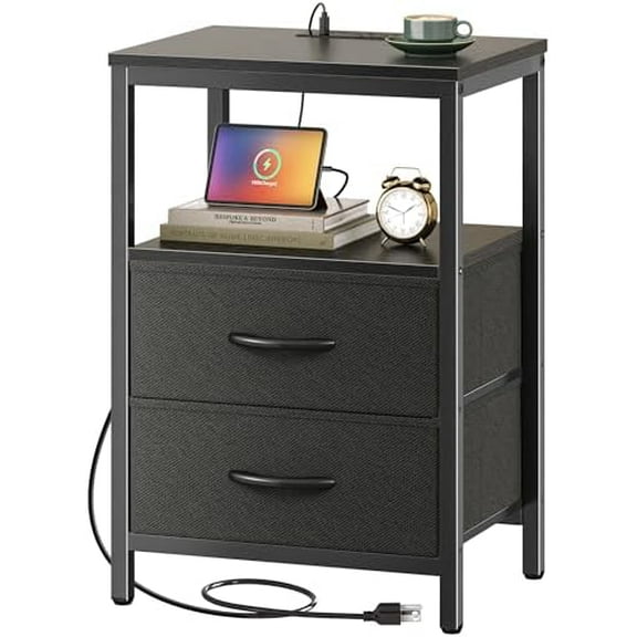 Nightstand with Charging Station, Side Table with 2 Fabric Drawers, End Table with Open Shelf, Bedside Table with USB-C Port and Outlets, Night Stand for Bedroom, Black
