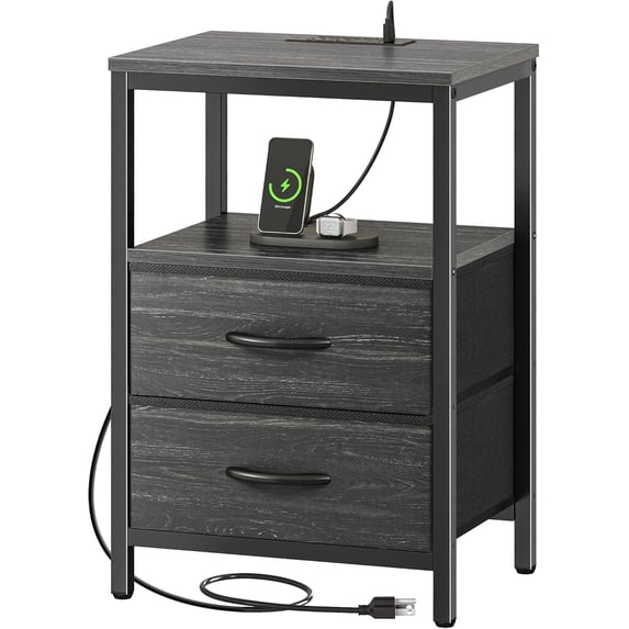 Nightstand with Charging Station, Side Table with Fabric Drawers, End Table with Open Shelf, Bedside Table with USB Ports and Outlets, Night Stand for Bedroom, Charcoal Black Wood Grain Print