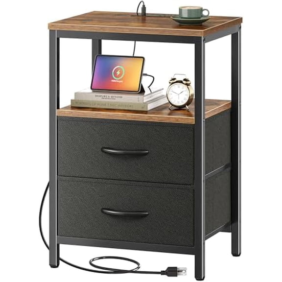 Nightstand with Charging Station, Side Table with Fabric Drawers, End Table with Open Shelf, Bedside Table with USB Ports and Outlets, Night Stand for Bedroom, Rustic Brown and Black
