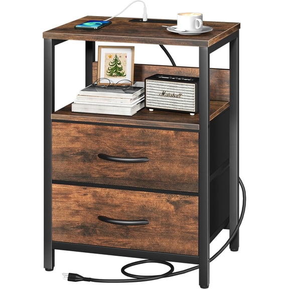 Nightstand with Charging Station, Small Night Stand with Fabric Drawers and Storage Shelf for Bedrooms, Small Spaces, Bedside Table with USB Ports & Outlets