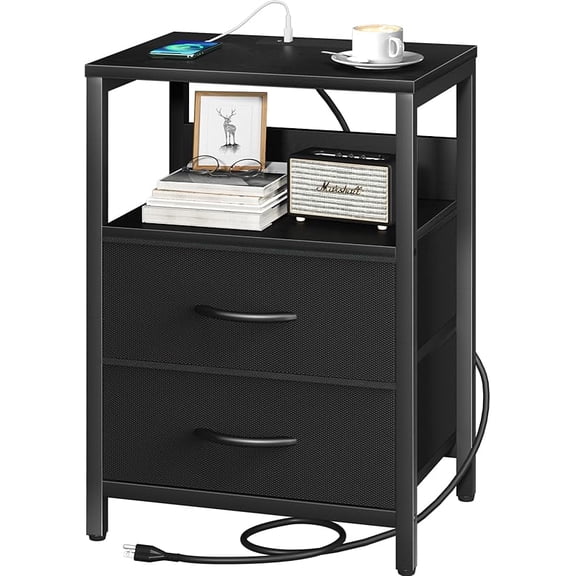 Nightstand with Charging Station, Small Night Stand with Fabric Drawers and Storage Shelf for Bedrooms, Small Spaces, Bedside Table with USB Ports & Outlets