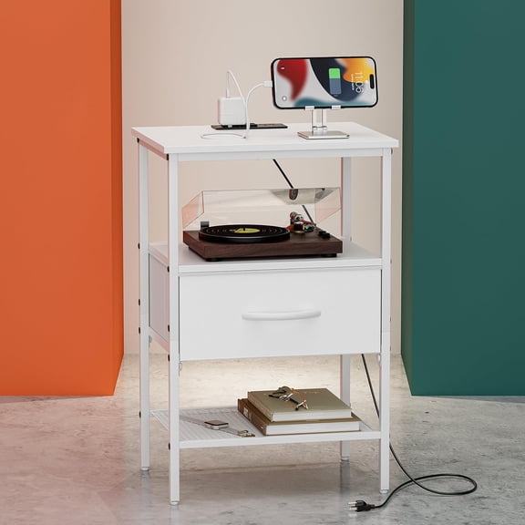 Nightstand with Charging Station - Small Vintage Night Stand with AC Outlets & USB Ports, Wooden Bedside Table with Drawer and Shelf for Storage, End Tables Bedroom/Living Room Decor, White