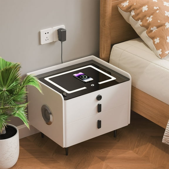 Smart Nightstand with Charging Station, with Fingerprint Lock,Bedroom Side Table with Speakers and Smart Sensor LED Lights,white