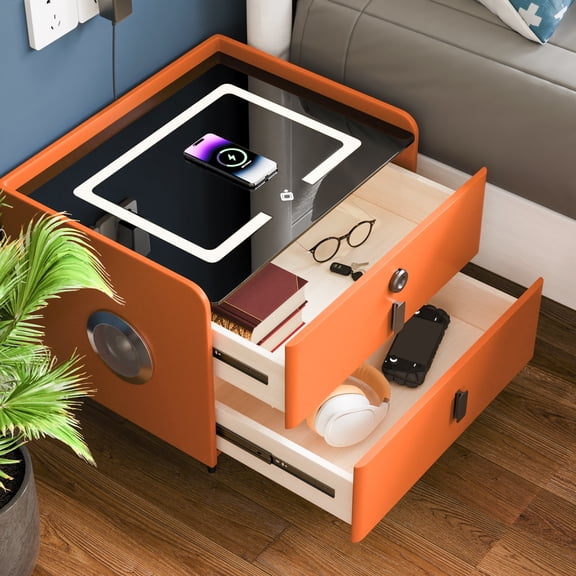 Smart Nightstand with Charging Station,with Fingerprint Lock,Bedroom Side Table with Speakers and Smart Sensor LED Lights,orange