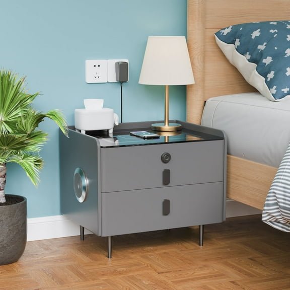 Smart Nightstand with Charging Station,with Fingerprint Lock,Bedroom Side Table with Speakers and Smart Sensor LED Lights,grey