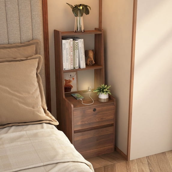 Nightstand with Charging Station, Smart Nightstand with Night Light, Modern Night Stand with Bookshelf, Bedside Tables with Storage Cabinet for Bedroom, Black