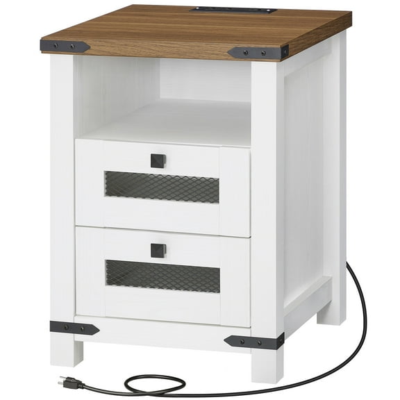 Nightstand with Charging Station, Sofa Side Table, Farmhouse End Table with 2 Drawers Storage Cabinet, Rustic Night Stand for Bedroom, Living Room, White and Walnut, Greige
