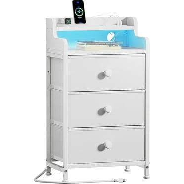 Nightstand with Charging Station, Tall White Night Stand with 3 Drawers and 2-Tier Shelf, Bedside Table with Sturdy Steel Frame Wood Top for Bedroom, Living Room, Hallway-White