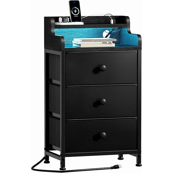 Nightstand with Charging Station, Tall White Night Stand with 3 Drawers and 2-Tier Shelf, Bedside Table with Sturdy Steel Frame Wood Top for Bedroom, Living Room,