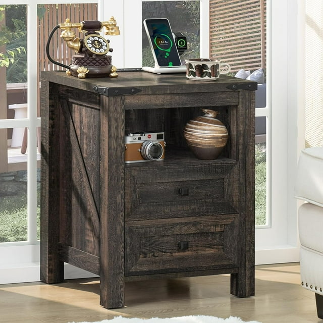 Nightstand with Charging Station and USB Port, Farmhouse Side End Table