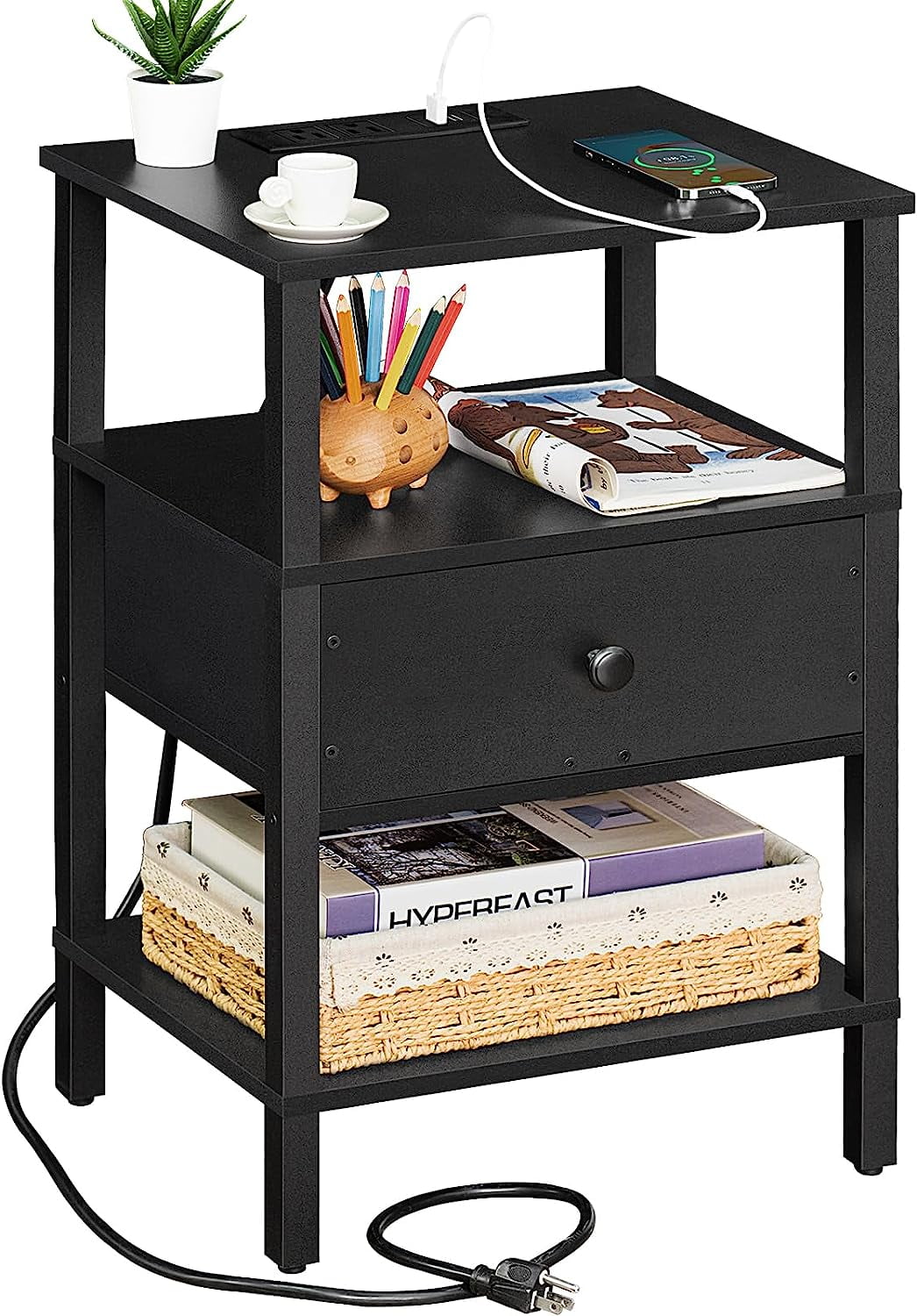 Nightstand with Charging Station and USB Ports, 3Tier Storage End