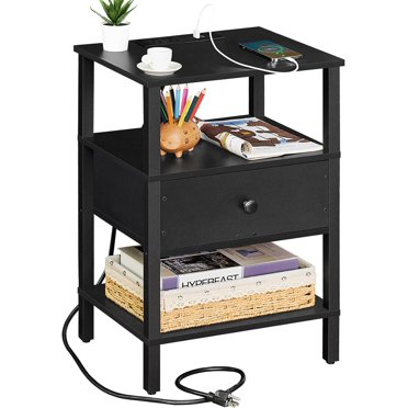 3-Tier Wood End Table With Charging Station, USB Ports & Drawer - Nightstand For Living Room, Bedroom, Brown