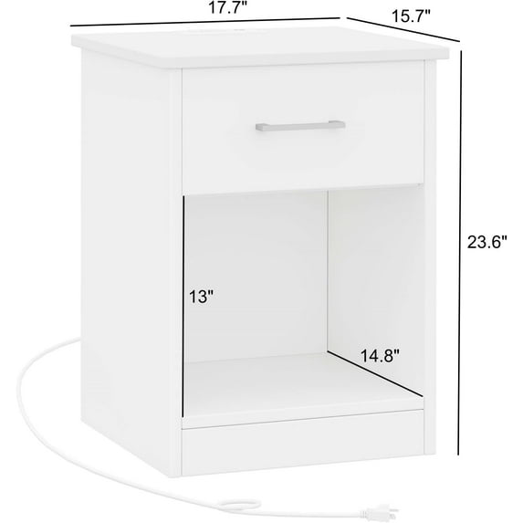 Nightstand with Charging Station and USB Ports & Power Outlets, Wooden End Table with Drawer and Opening Shelf, Side Table for Bedroom, White RCTG101WE