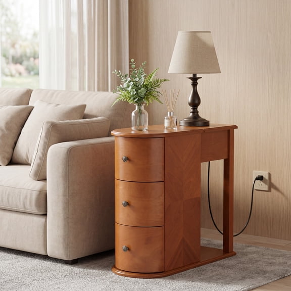 Nightstand with Charging Station, Walnut MDF End Table featuring Hidden Dual Cup Holder, Expandable Pull-Out Side Table and 2 Storage Drawers for Bedroom and Living Room Space