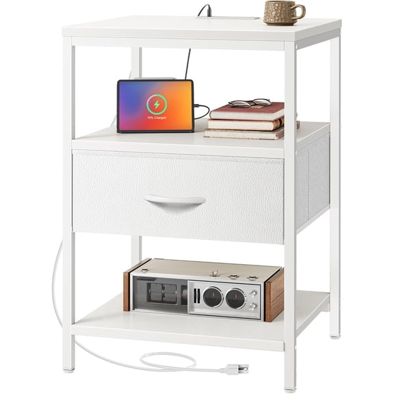 Nightstand with Charging Station, White Night Stand with Adjustable Drawers, 17.7 Inches Wider Side Table for Bedroom, 3-Tier Storage End Table with Open Shelf, PU Leather Surface