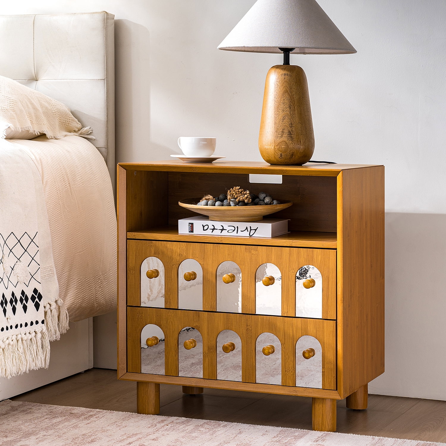 Nightstand with Charging Station&nbsp;featuring 2 Drawers with Decorative Mirror Fronts, Built-in 2 USB and 2 AC Outlets for Bedside Convenience, Solid MDF Construction in Natural Finish