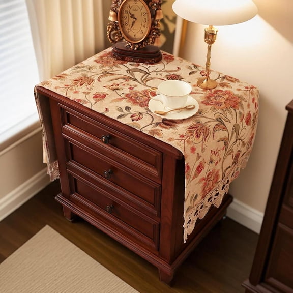 Nightstand Cover with Lace Trim Floral Pattern : Slip-Resistant Dustproof Table Cover for Bedroom & Living Room Furniture, Coffee Table, Side Table(Mgltm Beige Floral,51.2" L x 15.7" W)