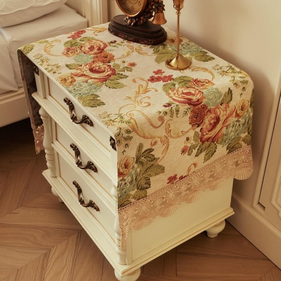 Nightstand Cover:Luxe Palace Garden Chenille Table Protector with Lace, Vintage Floral Embroidery Dresser Cover for End Table/Bedroom, Machine Washable(Fhsjm Beige Floral,51.2" L x 15.7" W)