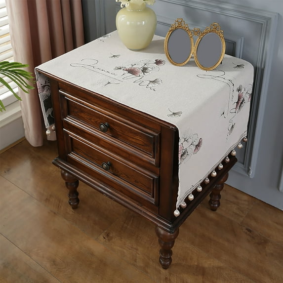 Nightstand Cover With Hang Beads,New Chinese Jacquard Bed Cabinet Tablecloth,Dust Table Cover For Living Room Bedroom-Beige C-45x100cm(18x39in)