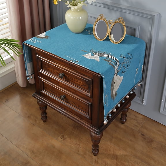 Nightstand Cover With Hang Beads,New Chinese Jacquard Bed Cabinet Tablecloth,Dust Table Cover For Living Room Bedroom-Blue-45x100cm(18x39in)