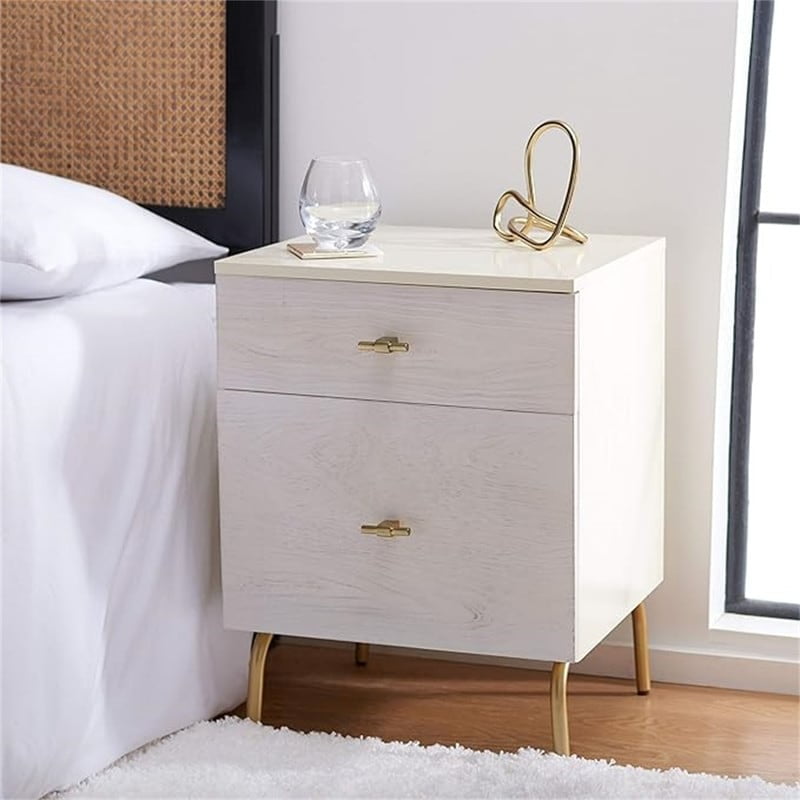 Genevieve Cream Mahogany 2-Drawer Nightstand with Gold Metal Legs