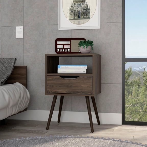 Nightstand in Dark Walnut Brown, Particle Board Bedside Table with One Storage Drawer and One Open Shelf, 25" Height and 20.9" Top, Four Legs Design for Bedroom and Living Room Space