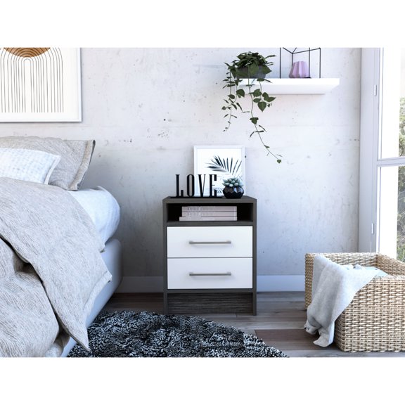 Nightstand | Two Drawers for Extra Bedroom Storage and Shelf for Display | Particle Board and Metal Handles Design | Deal with Bedroom Mess