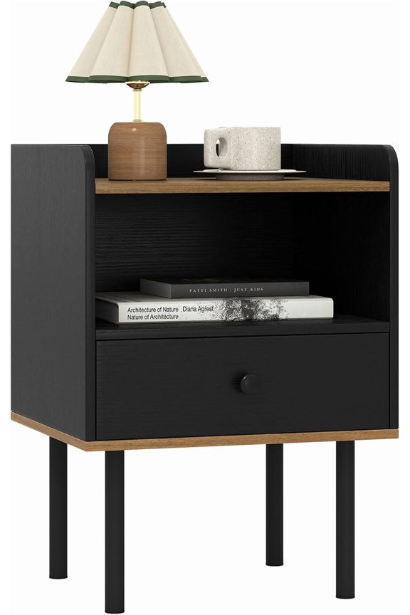 Nightstand with Drawer, 3-Tier Sofa Side Table with Open Storage Shelf, Modern Bedside Table with Metal Legs, Compact End Table for Bedroom, Small Spaces (1)