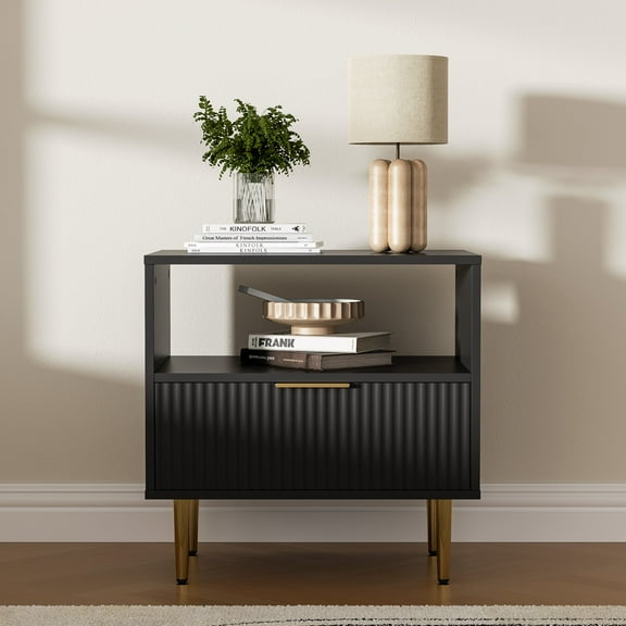 Nightstand with Drawer, Bed Side Table with Storage, End Table with Open Space for Bedroom, Modern Nightstand with Golden Handle, Side Night Stand for Bedroom, Living Room, Black