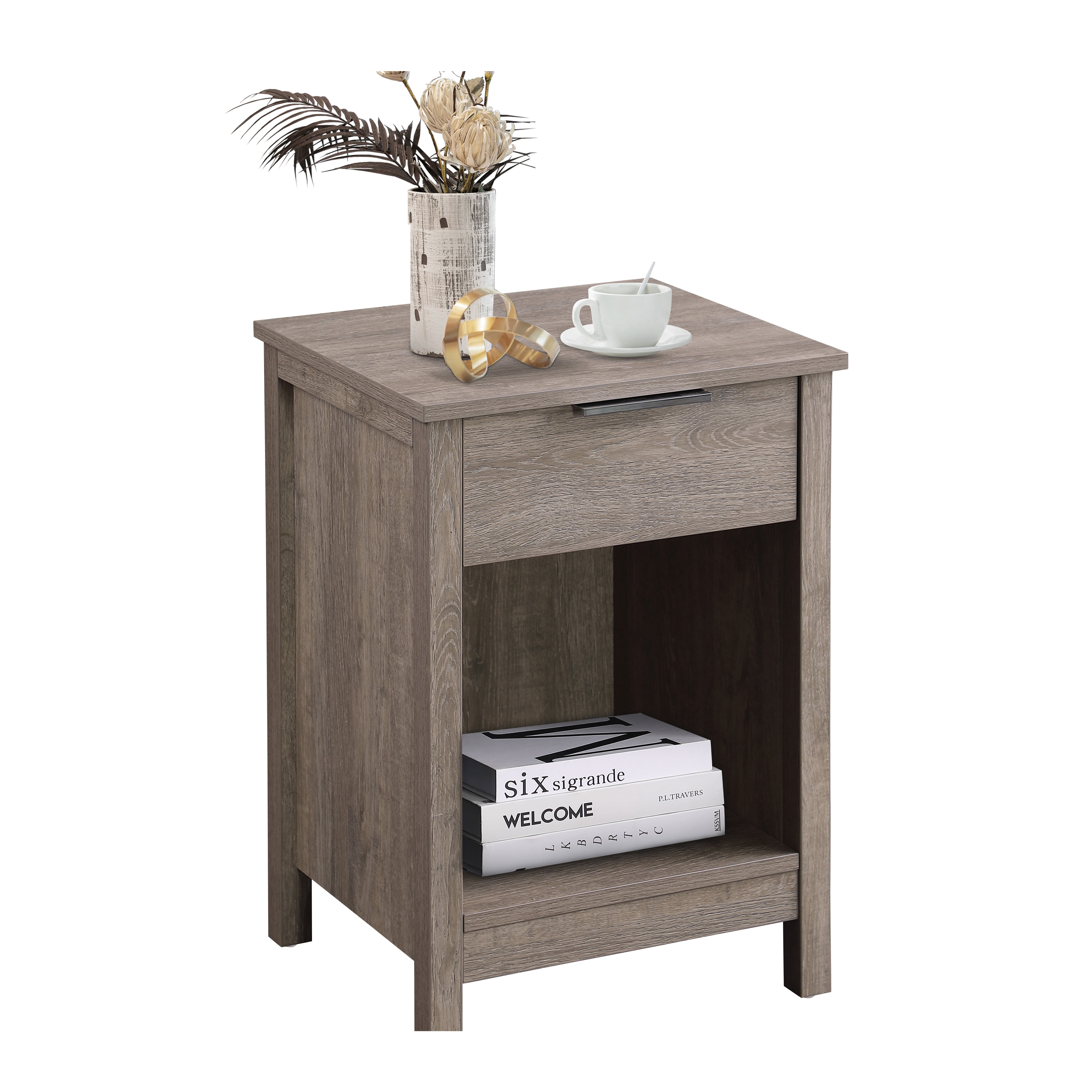 Nightstand with Drawer,End Table With Drawer and Open Shelf,Easy Assemble,Sturdy Side Frames,Metal Handle,Night Stand for Bedroom, Side Table for LivingRoom,Rustic Grey