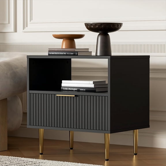 Nightstand with Drawer, End Table with Storage, Bed Side Table with Open Space for Bedroom, Modern Nightstand with Golden Handle, Side Night Stand for Bedroom, Living Room, Black