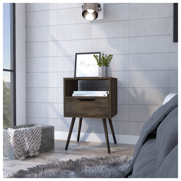 Nightstand with Drawer & Shelf - Dark Walnut - Modern Bedside Table - 24.8" Tall - Living Room End Table - Bedroom Storage Brown + Particle Board + Particle Board